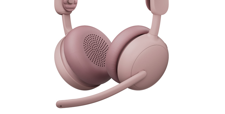 Headset Logitech Zone Wireless 2 ES růžový Detail náušníků a mikrofonu headsetu Logitech Zone Wireless 2 ES v růžové barvě