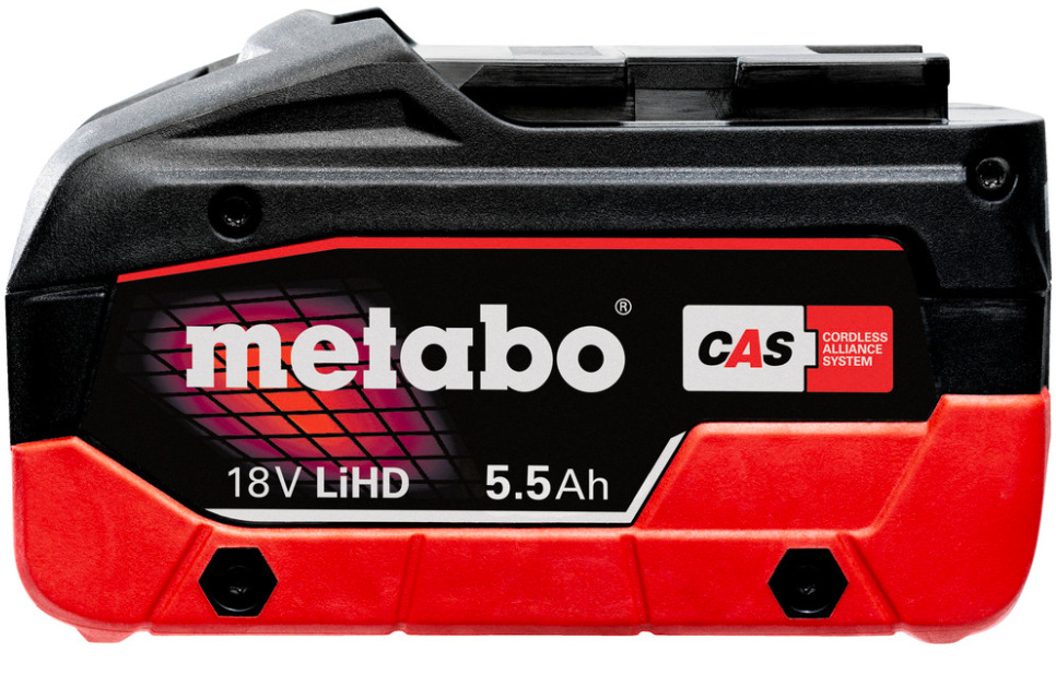 Akumulátor Metabo LiHD 5.5 Ah 625368000 Boční pohled na akumulátor Metabo LiHD 5.5 Ah 625368000 s označením 18V LiHD a systémem CAS