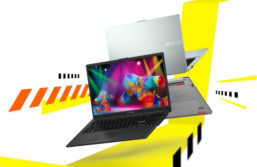 Notebook ASUS Vivobook Go 15 z různých úhlů včetně pohledu na víko a spodní stranu