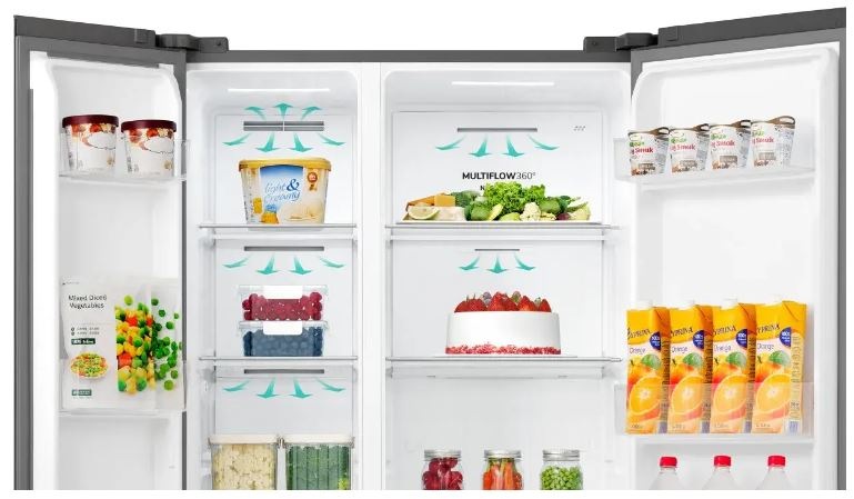Americká lednice Gorenje G400 NRS917E41X nerez znázornění systému proudění vzduchu v chladničce MultiFlow 360°. Lednice je plná jídla.