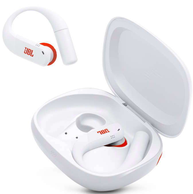 Sluchátka JBL Endurance Peak 4 bílá Detail tvarovaného háčku a špuntu sluchátek JBL Endurance Peak 4 pro pevné usazení