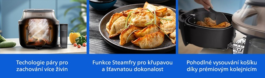 Koláž funkcí horkovzdušné fritézy Philips NA547/07 zobrazující technologii páry pro zachování více živin, funkci SteamFry pro křupavou a šťavnatou přípravu pokrmů a vysouvací koš s kolejnicovým mechanismem pro snadnou manipulaci.