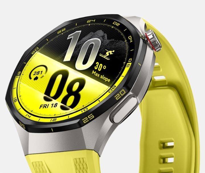 Chytré hodinky Huawei Watch GT 7 Pro 46 mm černé Detail chytrých hodinek Huawei Watch GT 7 Pro ve žlutém provedení s výrazným sportovním ciferníkem