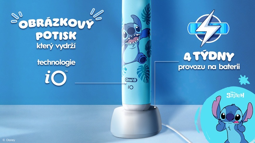 Zubní kartáček Oral-B iO Kids 6+ Stitch + Cestovní Pouzdro modrý Detailní záběr na spodní část kartáčku se Stitchem.