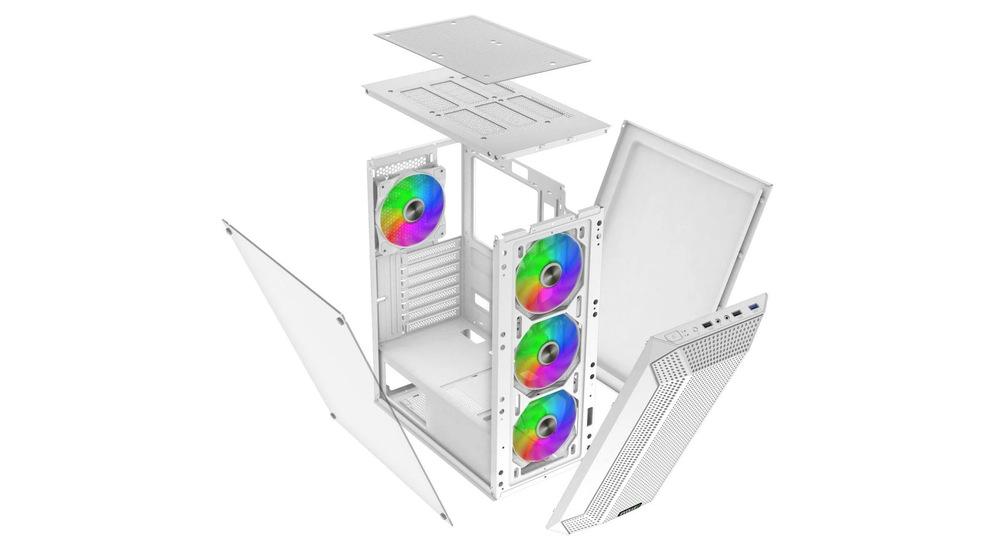 Počítačová skříň Evolveo Xenon s vysokou kompatibilitou, bílá barva QuintFlow chlazení s ARGB ventilátory (39 CFM, 20,5 dB) a mesh panelem zajišťuje silný a tichý airflow