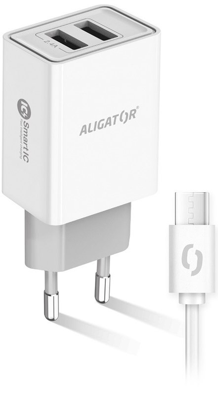 Nabíječka do sítě Aligator 2,4A, 2xUSB, smart IC, USB-C kabel bílá
