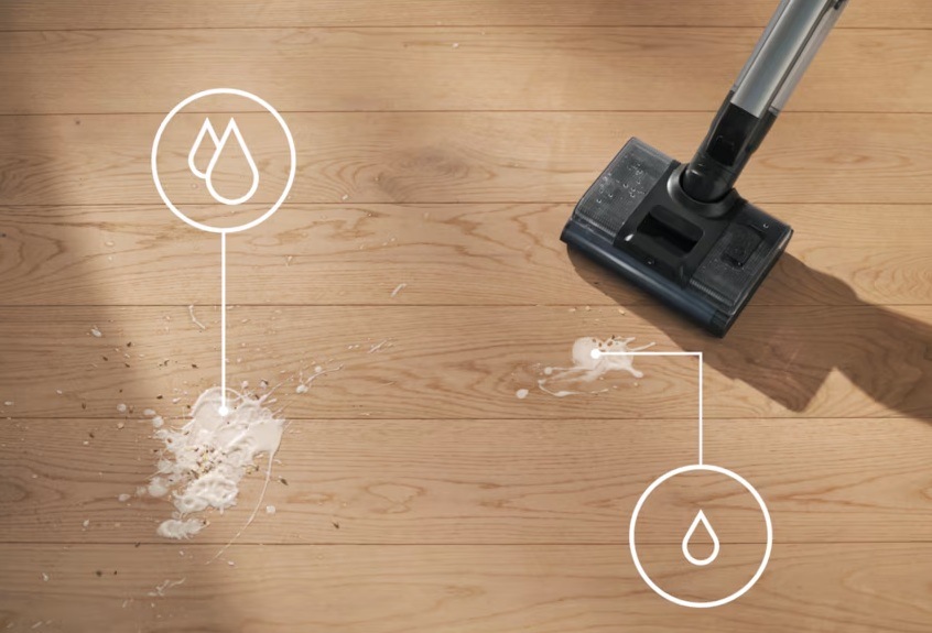 Tyčový vysavač Electrolux 800 Wet&Dry EW82U2DB 3v1 modrý Vysavač Electrolux EW82U2DB série 800 Ultimate Wet&Dry 3v1 na plovoucí podlaze. U skvrn od jogurtu jsou symboly s kapkami vody na základě velikosti skvrny.
