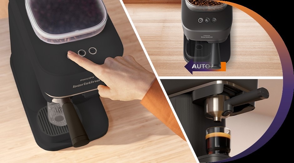 Pákový kávovar Philips BAR300/60 Baristina a a ovládání pákou a detailní pohled na kávovar