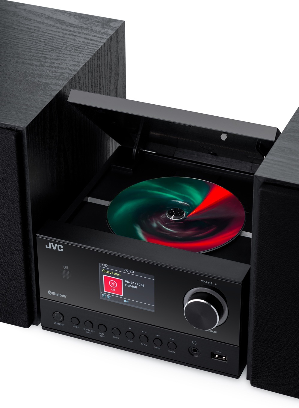 Mikrosystém JVC UX-E225B černý Detail horního vkládání CD u mikrosystému JVC UX-E225B s přehledným displejem v češtině a ovládacími tlačítky