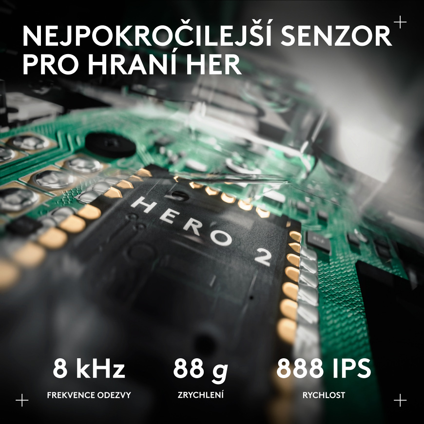 Myš Logitech G PRO X 2 Superstrike bílá Detail senzoru HERO 2 na základní desce myši s informací o 8 kHz frekvenci odezvy, zrychlení a maximální rychlosti snímání