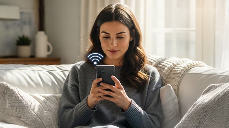 žena ovládá myčku přes wi-fi pomocí telefonu