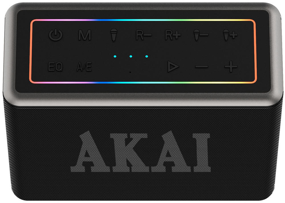 Dotykový ovládací panel karaoke reproduktoru Akai s tlačítky EQ a hlasitosti.
