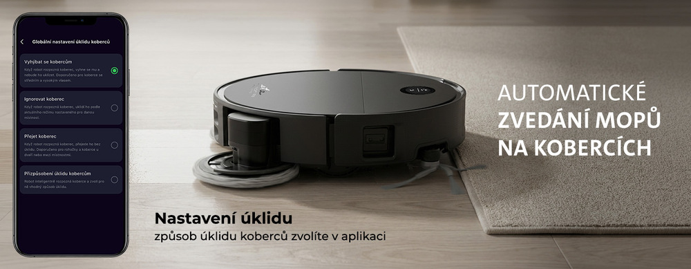 Robotický vysavač ETA Triton AI Aqua Pro 8993 90000 černý Robotický vysavač ETA Triton AI Aqua Pro s automatickým zvedáním mopů před kobercem a mobilní aplikací s nastavením úklidu koberců