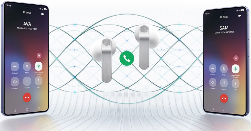 Dva telefony s aktivním hovorem a sluchátka Samsung Galaxy Buds4 s vestavěnými mikrofony a potlačením šumu