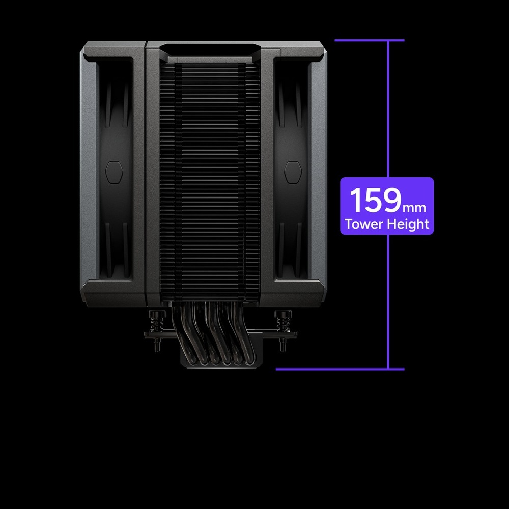  Chladič CPU s dvojitými černými ventilátory po stranách a černým centrálním chladičem. Popisek „Výška věže 159 mm“ s fialovou bublinou na pozadí..