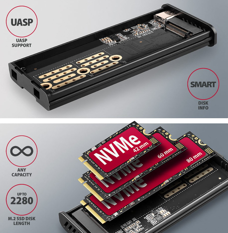 Externí rámeček Axagon DISPLAY box, USB-C 10Gbps - M.2 NVMe & SATA SSD šedý Na obrázku je otevřený externí box AXAGON pro M.2 SSD a vedle něj ukázka podporovaných NVMe modulů. Horní část zobrazuje vnitřek boxu s elektronikou, konektorem pro zasunutí disku a ikonami UASP Support a SMART Disk Info. Spodní část ukazuje tři SSD moduly různých délek – 42 mm, 60 mm a 80 mm – vložené nad boxem, což zdůrazňuje podporu více formátů až do velikosti 2280.