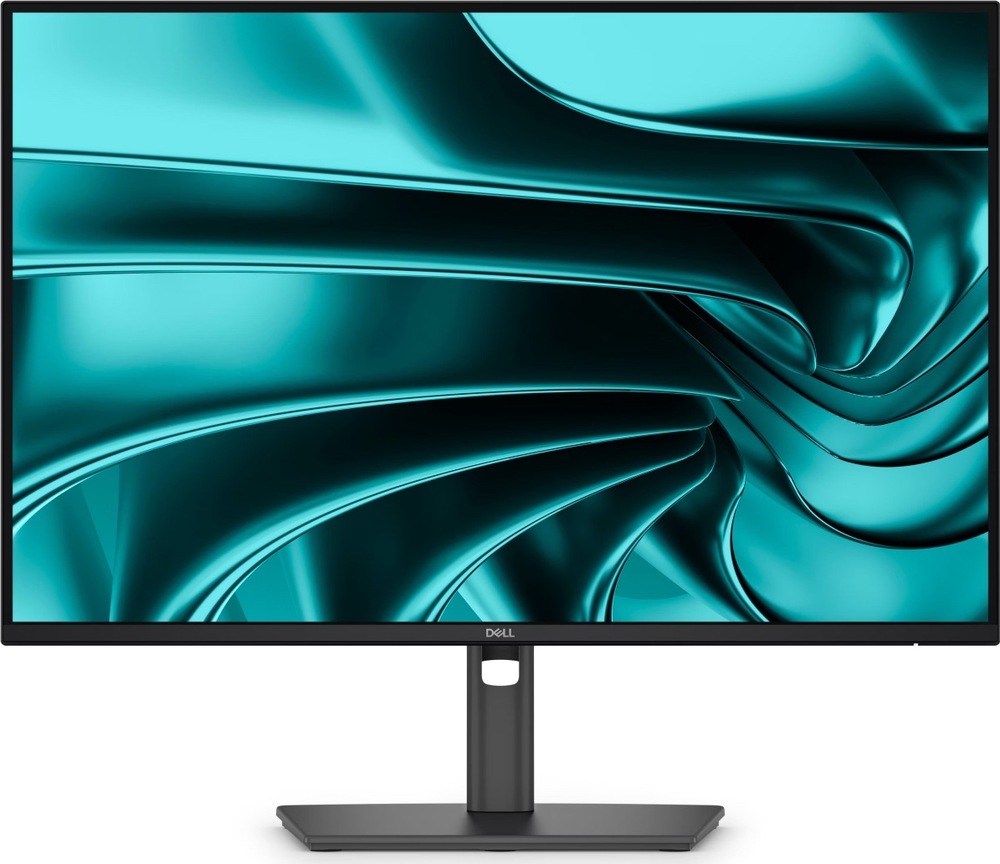 Čelní pohled na černý monitor Dell Pro P2426E s tenkými rámečky, středovým stojanem s otvorem pro vedení kabelů a plochou obdélníkovou základnou.