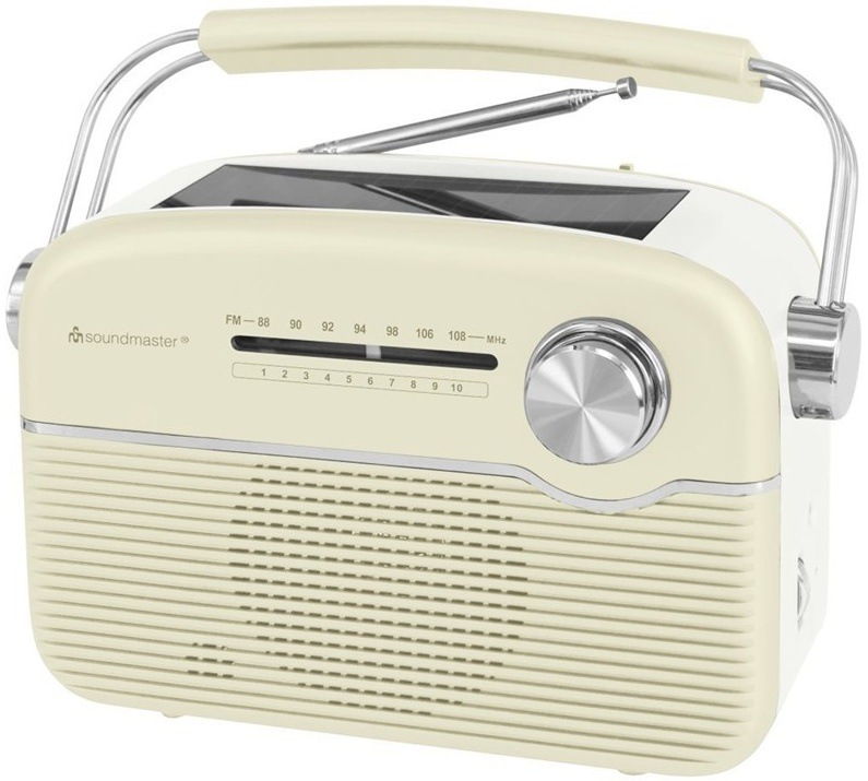 Přenosné retro rádio Soundmaster TR480BE v krémově béžové barvě s FM pásmem a vytaženou anténou.