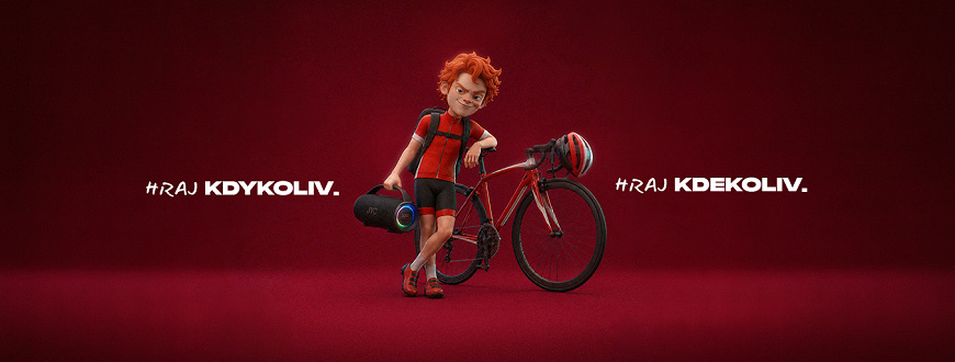 Přenosný reproduktor JVC XS-E524B černý Kreslený ryšavý cyklista s přenosným reproduktorem JVC a silničním kolem na červeném pozadí. Text: Hraj kdykoliv. Hraj kdekoliv.
