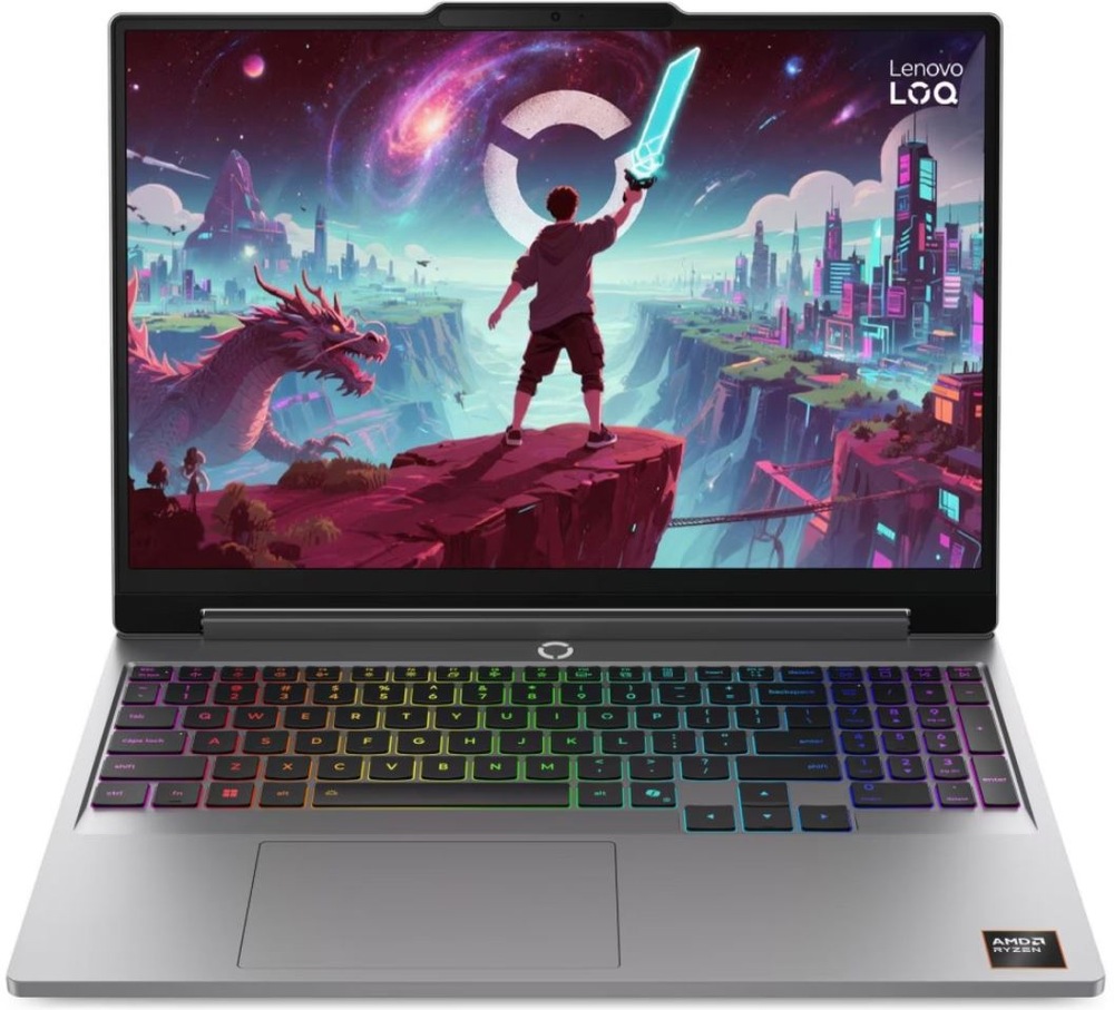 Otevřený notebook Lenovo LOQ s herním motivem