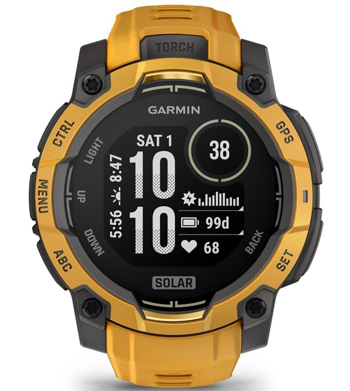 Chytré hodinky Garmin Instinct 3 – 45 mm Solar, oranžová/šedá barva.