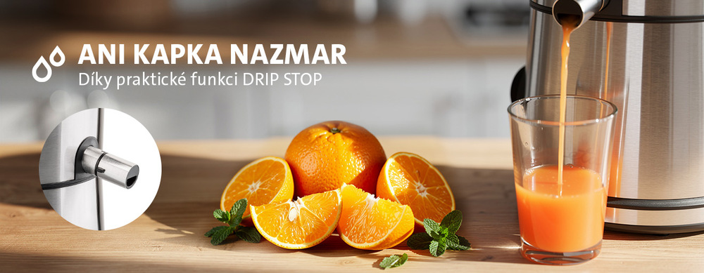 Odšťavňovač ETA Frugo s funkcí Drip Stop proti odkapávání na kuchyňské lince s textem „Ani kapka nazmar – Díky praktické funkci DRIP STOP