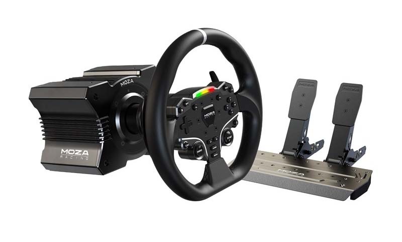 Sada Moza Racing R5 + volant ES + SRP-Lite + svorky R5  v černé a šedivé barvě.
