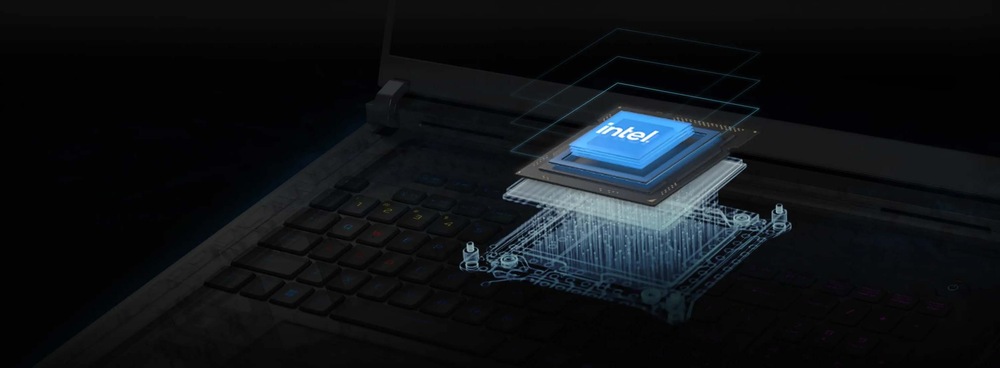 Digitální zobrazení čipu Intel vznášejícího se nad klávesnicí notebooku, ilustrující technologii a inovace s futuristickým designem.