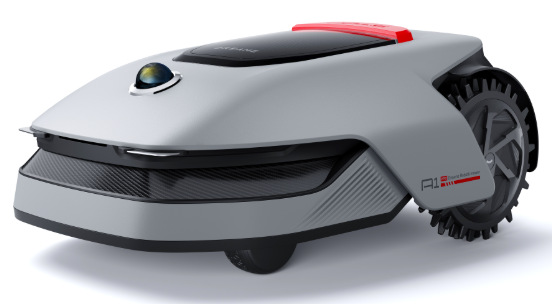 Šikmý přední pohled na robotickou sekačku Dreame A1 PRO 800 s navigační kamerou