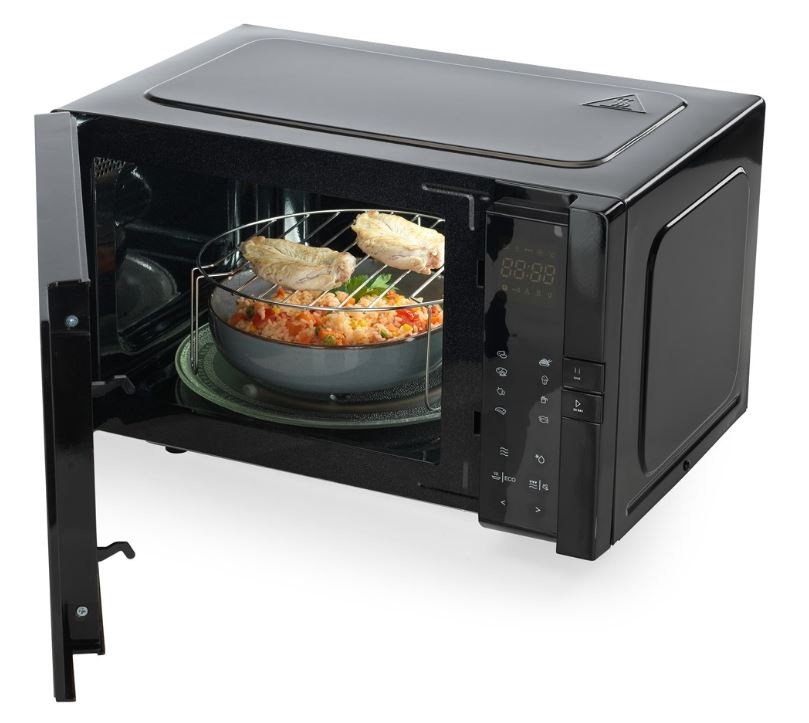 Mikrovlnná trouba Hisense H25MOBS4HGI Invertor černá Mikrovlnná trouba Hisense H25MOBS4HGI s otevřenými dvířky, uvnitř je pokrm