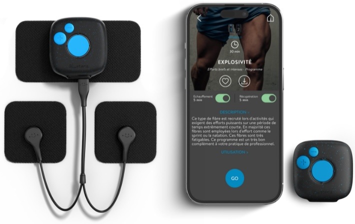 Elektrostimulátor Bluetens Duo Sport 2 černý Detailní záběr na mobilní aplikaci Bluetens ovládající dva bezdrátové moduly Duo Sport na stehnech.