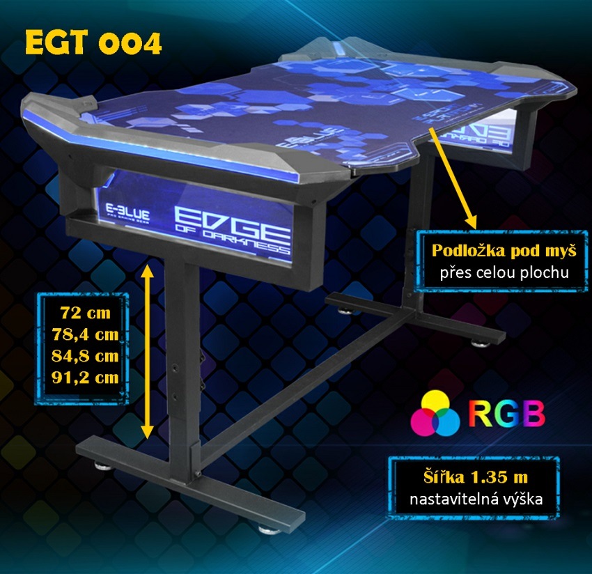 Herní stůl E-Blue 135x78,5 cm, RGB podsvícení, výškově nastavitelný, s podložkou pod myš černý/modrý