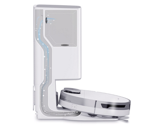 Robotický vysavač Samsung Jet Bot+ Robotický vysavač Samsung Jet Bot+ ve speciální čisticí stanici s nákresem procesu čištění