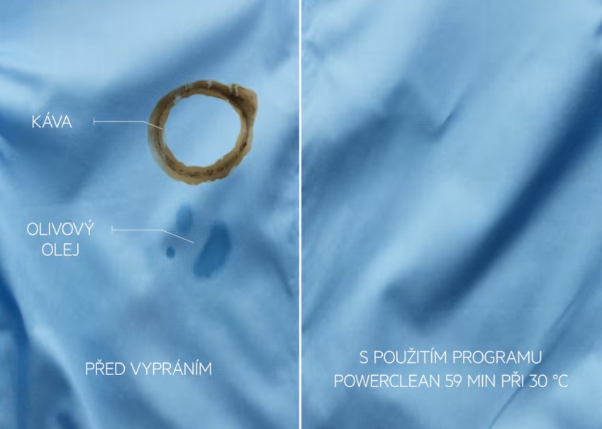 Pračka se sušičkou AEG PowerCare 8000 LWR85865OC bílá Vlevo detail tkaniny se skvrnou od kávy a olivového oleje – stav před vypráním. Vpravo čistá tkanina – s použitím programu PowerClean 59 minut opři 30 stupních..
