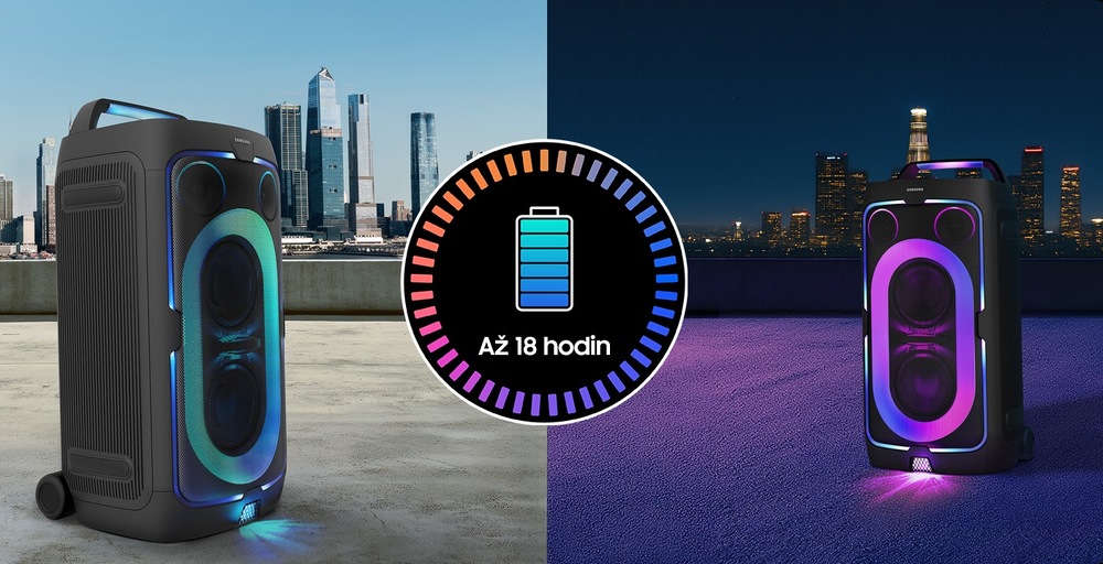 Dva obrázky reproduktoru Samsung MX-ST50F vedle sebe, vlevo je reproduktor s modrým podsvícením, na pozadí je město ve dne, vpravo je týž reproduktor s fialovým podsvícením, na pozadí je noční město, uprostřed je přes oba obrázky kolečko popisující výdrž baterie až 18 hodin