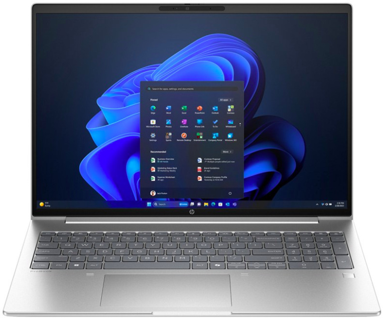 Stříbrný notebook HP ProBook 4 G2a 16″ R7-250 zepředu s otevřeným displejem