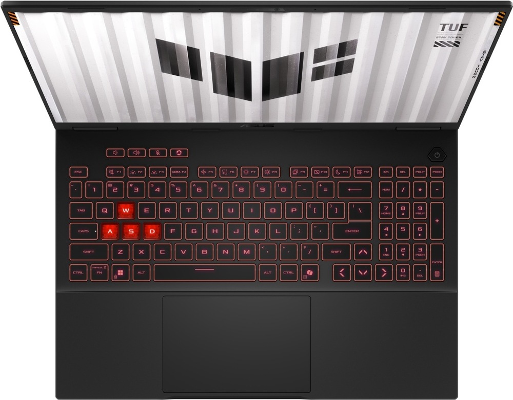 Notebook Asus TUF Gaming A16 šedý Pohled shora na klávesnici notebooku Asus s podsvícením a numerickým blokem