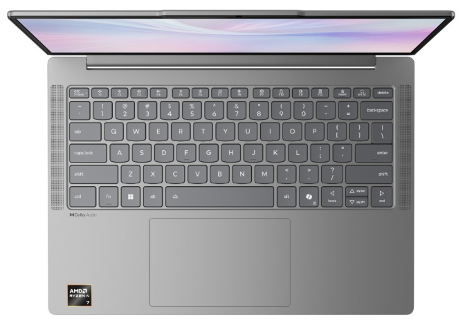 Notebook Lenovo IdeaPad Slim 5 14AKP10 šedý Klávesnice bez numerické části, touchpad a boční reproduktory notebooku Lenovo