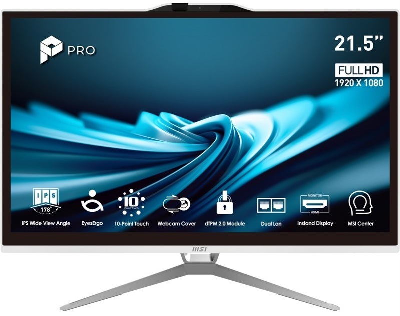 Počítač All In One MSI PRO AP222T 14MA-649EU bílý Elegantní bílý All-in-One monitor MSI PRO, pohled zepředu pod úhlem, na moderním kovovém stojanu.