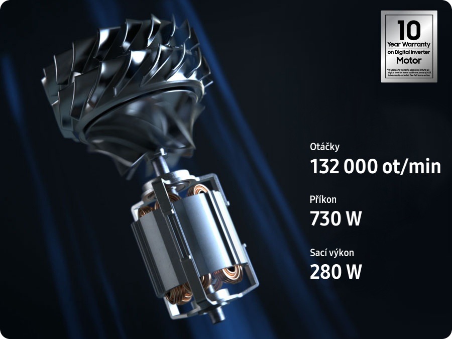 Detail motoru vysavače Samsung Bespoke Jet AI VS28C9784QK/GE s rozepsanými parametry