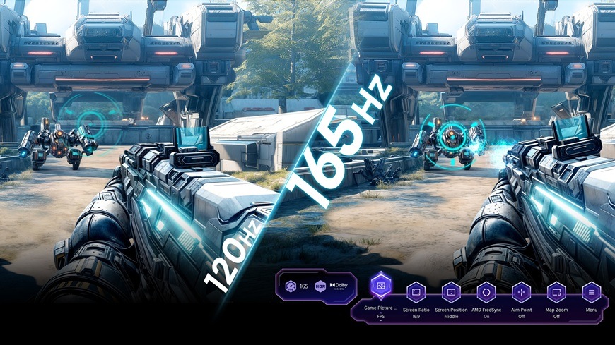 Televize Hisense 116UXQ Na obrázku je znázorněn rozdíl mezi 120 Hz a 165 Hz u herního režimu. Televizor Hisense 116UXQ disponuje nativním 165Hz herním režimem VRR Game Mode Ultra