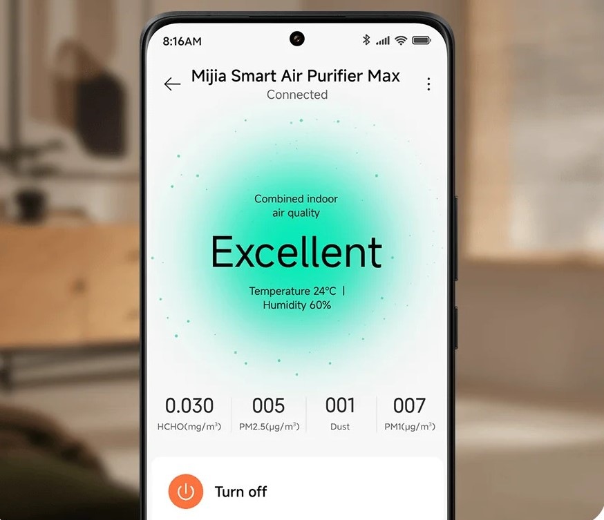Čistička vzduchu Xiaomi Mijia Smart Air Purifier Max bílá Pohled na displej mobilního telefonu, který usnadňuje ovládání prostřednictvím aplikace Mi Home.