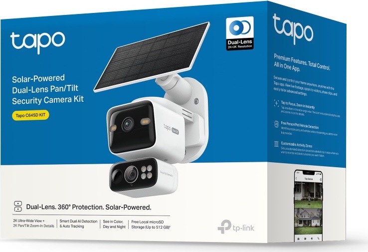 IP kamera TP-Link Tapo C645D Dual-Lens Solar KIT bílá Produktové balení kamery TP-Link Tapo C645D KIT. Na modro-bílé krabici je vyobrazena bílá duální venkovní kamera se solárním panelem, logem Tapo a ukázkou mobilní aplikace na boku.