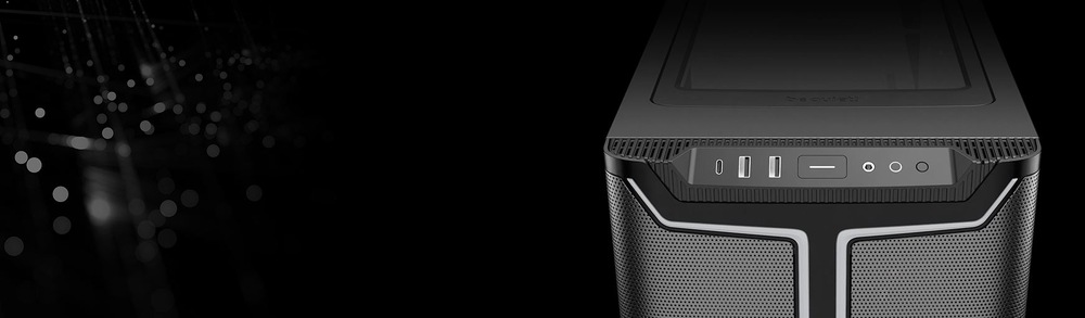 Na tmavém pozadí je zobrazena elegantní počítačová skříň. Na jejím předním panelu jsou USB porty a tlačítka, což naznačuje moderní hi-tech design.