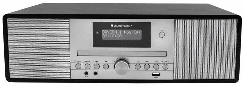 radiopřijímač Soundmaster DAB980SW, detail čelního panelu s digitálním displejem, ovládacím kolečkem, USB portem a integrovanými reproduktory
