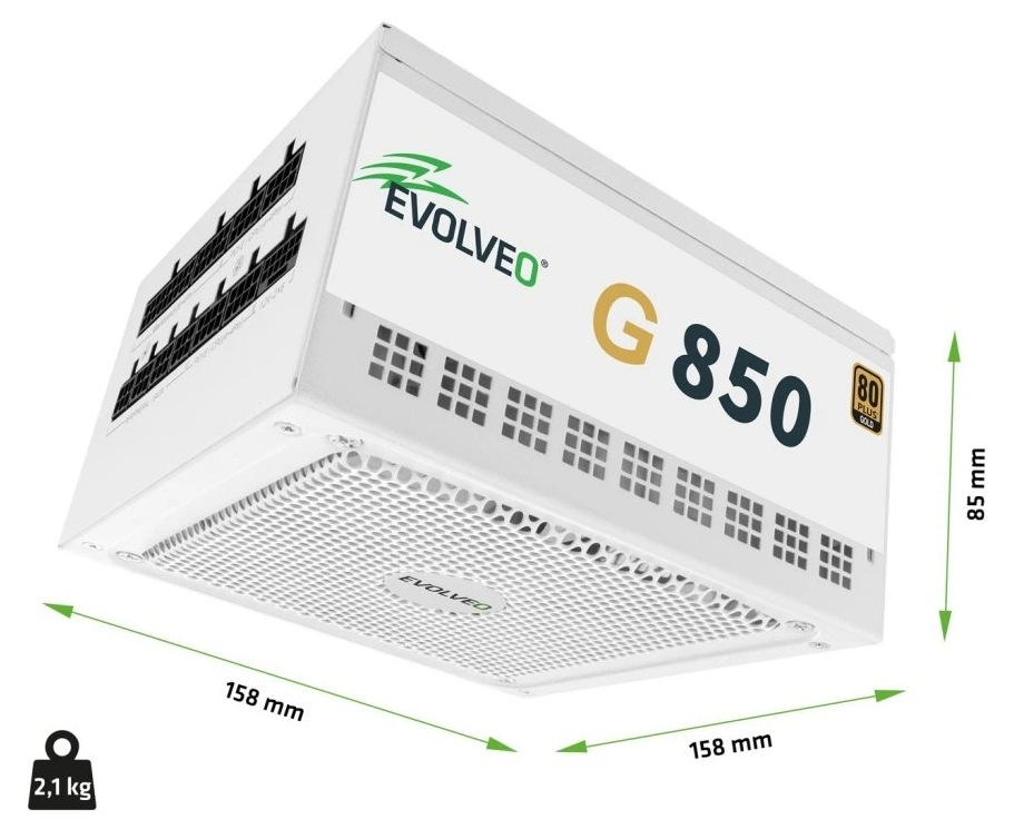 Zdroj Evolveo G850 White 850W 80+ Gold, ATX 3.1 bílý Evolveo G850 80+ Gold je široký jen 158 mm – vejde se i do kompaktní skříně