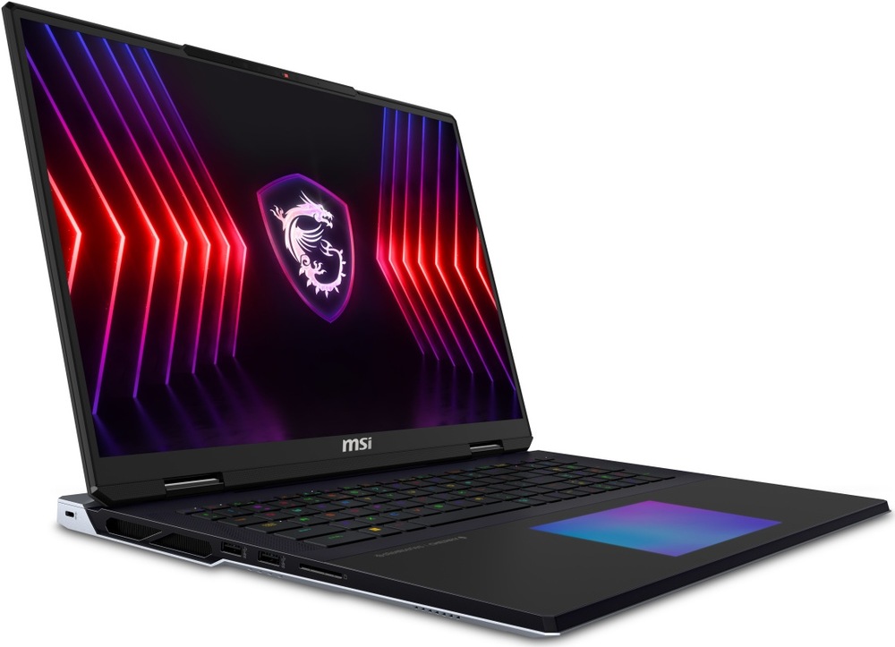 Notebook MSI Titan 18 HX A2WJ-1286CZ černý Šikmý pohled na notebook MSI Titan 18 HX vybavený moderní grafickou kartou se samostatnou pamětí a AI boostem
