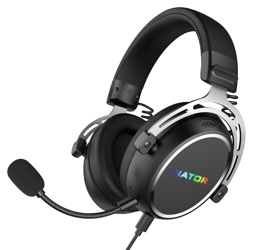 Herní headset HATOR Hypergang 3 USB s připojeným mikrofonem a RGB logem na mušli