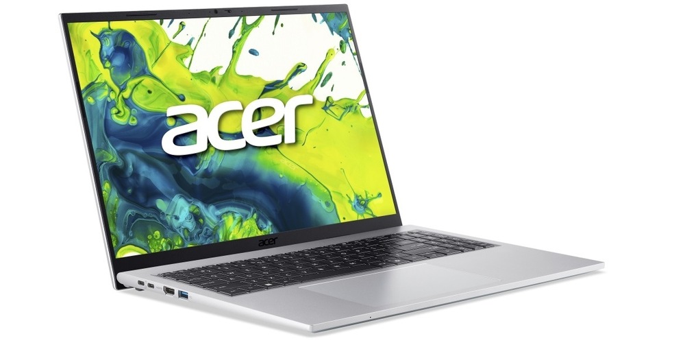 Notebook Acer Aspire Go 16 (AG16-71P-59F3) stříbrný Zapnutý a otevřený notebook Acer Aspire Go 16 (AG16-71P-54KA) otočený doprava