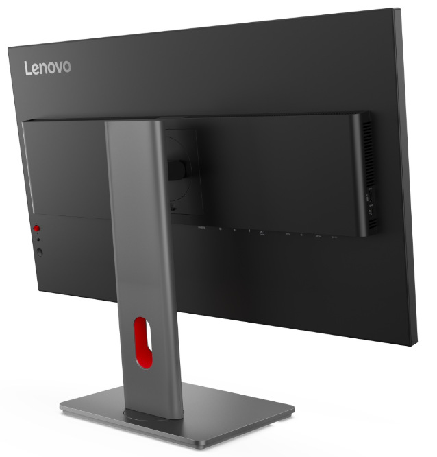 Zadní pohled pod úhlem na monitor Lenovo ThinkVision P32ud-40 s ergonomickým stojanem
